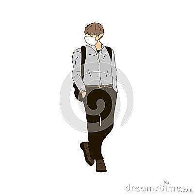 A guy in a gray shirt and black pants with a backpack. Vector Illustration